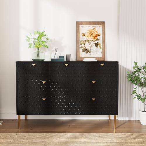 7 Drawer Dresser, High Gloss Wide Chest of Drawers, 32''H Modern Storage Chest with Metal Legs, Entryway, Living Room,Kitchen, Blue