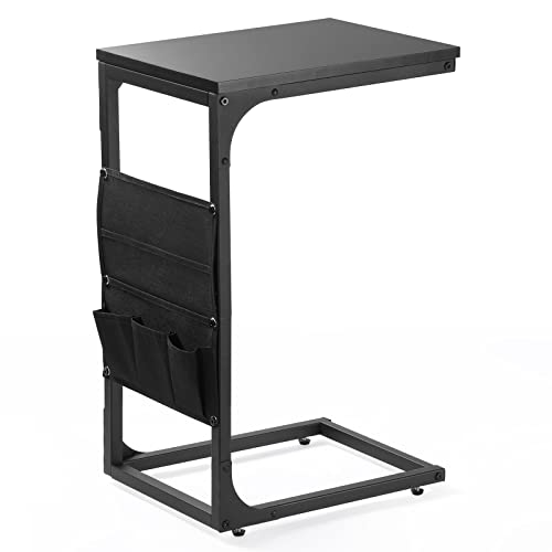 Vagusicc C Shaped End Table, TV Trays Table Couch Sofa Table with Storage Bag, Under Couch Sofa Side table, TV Tray Table Slide Under Sofa Couch, TV Dinner Table C Table for Living Room Bedroom, White