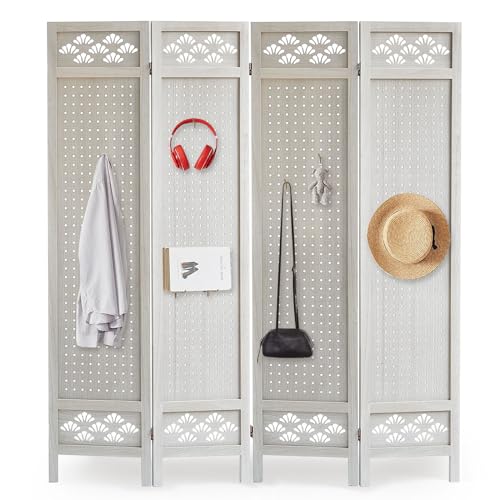4 Panel Room Dividers and Folding Privacy Screens, 5.6Ft Wooden Pegboard Display, Privacy Dividers for Bedroom, Portable Dispxlay Board Organizer for Store, Jewelry Display, White