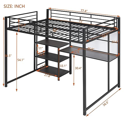Merax Full Size Mental Loft Bed Frame with Desk and Whiteboard,3 Shelves and Ladder for Bedroom for Boys Girls Adult,Black