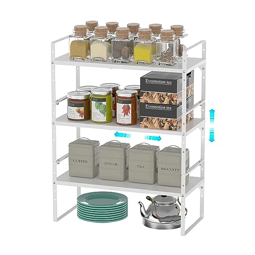 Redrubbit 2 Pack Expandable Cabinet Shelf Organizers, Stackable Kitchen Counter Shelves Spice Rack for Kitchen Bathroom Pantry Cupboard Desk Home Office, White-Large