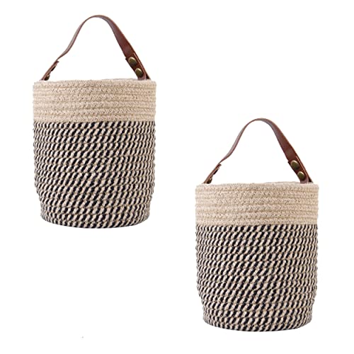 Hanging Basket(2Piece) Wall Woven Cotton Rope Storage Basket with Leather Decorative Baskets Organizer for Kitchen Office Bedroom,Plants,Towels, Toys