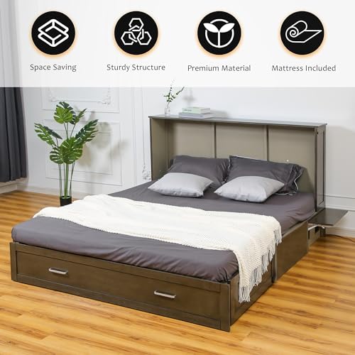 Murphy Bed Chest with Trifold Memory Foam Mattress, Cabinet Bed with USB Charging Station, Queen Murphy Cube Cabinet Bed with Large Storage Drawer for Bedroom/Living Room/Office (Cherry)