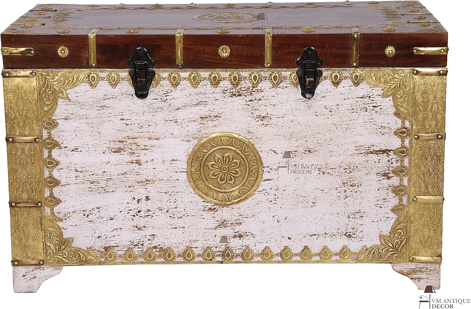 Solid Mango Antique Wooden Trunk Box | Multifunctional Wooden Storage Box | Coffee Table Living room |Toy Chest Organizer | Vintage Pirate Chest for Classroom (Size - 18X31X17 Inches)