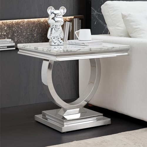 SSLine Modern White Faux Marble End Table Luxury Square Sofa Side Table with Silver Pedestal Base Mid-Century Elegant Bedside Table w/Mirrored Stainless Steel Frame Legs for Living Room Bedroom