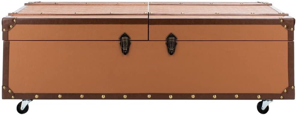 SAFAVIEH Home Collection Zoe Cognac Brown Faux Leather Storage Trunk Wine Rack Coffee Table with Caster Wheels (Fully Assembled) FOX9515E