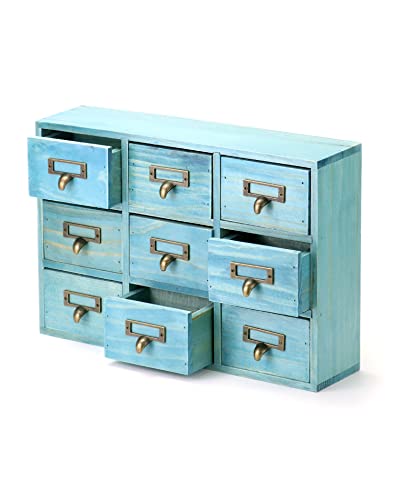 QWORK Desk Drawer Organizer, Wooden Vintage Apothecary Cabinet with 9 Drawers, Home Office & Tea & Dresser Bedroom Organization and Storage, Traditional Apothecary Cabinet, Blue