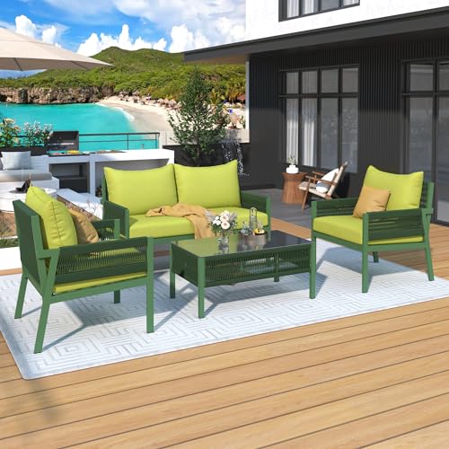 4-Piece Rattan Outdoor Conversation Sofa Set with Wooden Coffee Table and Cushions Seating 5 People,for Patio Porch Garden Backyard (Grey@Wooden Table)