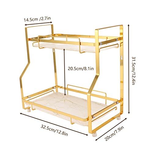 YWBL-WH Bathroom Storage Shelf Wall Mounted Corner Organizer Standing Rack for Living Room Bedroom Kitchen, White and Gold, Iron Material, Easy to Clean (2 Tier)