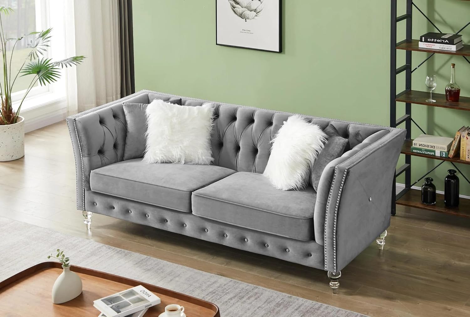 Solid Color Tufted Sofa for Living Room Gray