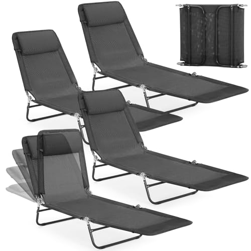 4 Pack Folding Chaise Lounge Chairs Pool Chairs with Pillow Sunbathing Tanning Chair 5 Level Adjustable Backrest Waterproof Breathable Mesh Beach Lounge Chairs for Patio Green Yard(Black)