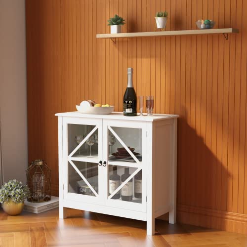 Buffet Cabinet, Wooden Cupboard with 2 Glass Doors and Shelf, Wine Bar Cabinet Storage Shelves, Credenza Storage Sideboard Buffet Cabinet for Kitchen Dining Room Living Room, White
