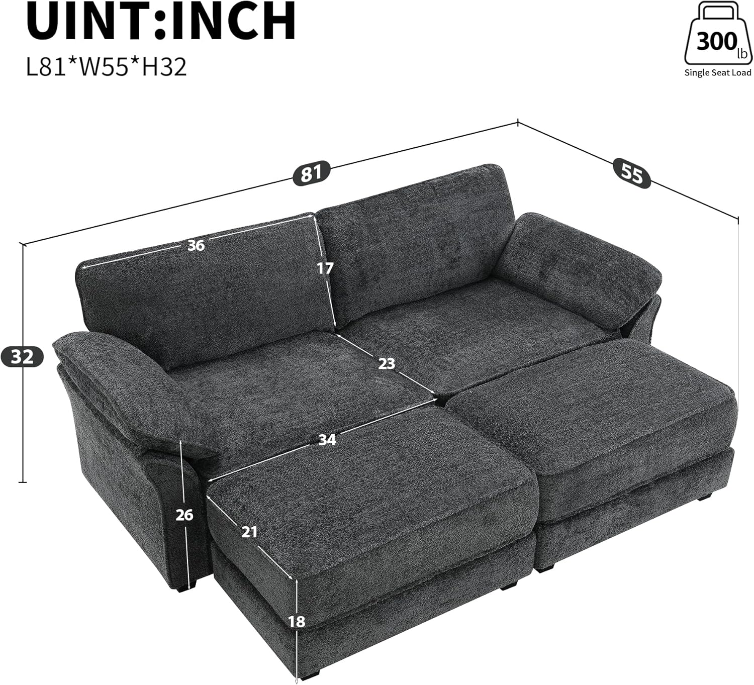 Chenille Sectional Sofa with Two Ottoman, Modern Upholstered Loveseat Couch with Detachable Seat & Comfort Armrest, Sleeper Corner Sofá for Living Room, Office, Apartment, Gray