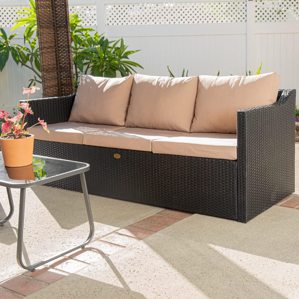 Barton Madison Outdoor Wicker 3-Person Sofa Patio Rattan 3 Seater Sofa Chair W/Cushions, Additional Seats for Sectional Sofa, Porch and Poolside, Black/Beige