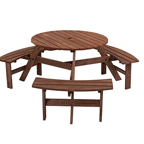 Wooden Outdoor Picnic Table with Umbrella Hole, Round Wood Dining Table with Benches for Patio Garden Backyard Lawn Commercial, Outside Table, 4 Built-in Benches, 2220lb Capacity, Natural