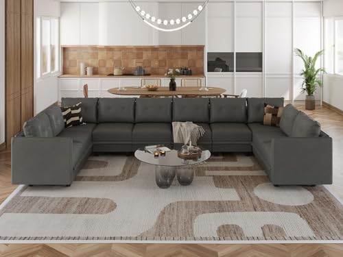 LLappuil Sectional Sofa Faux Leather Fabric Modular Couch with Reversible Chaise, Oversized U Shaped 10 Seater Sectional Set with Storage, Cognac