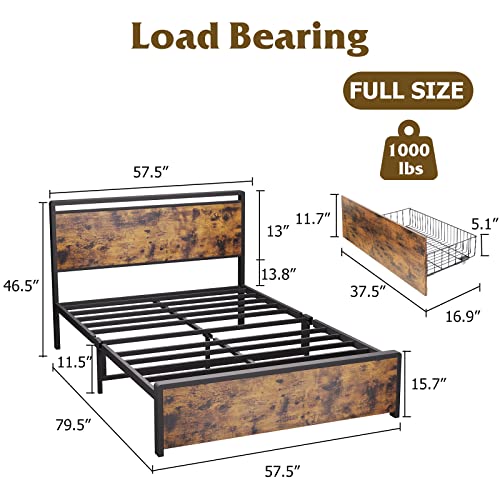 Full Bed Frame with Headboard and 4 Storage Drawers,Metal Platform Bed with Large Storage Space No Box Spring Needed Noise Free Rustic Brown (Full)