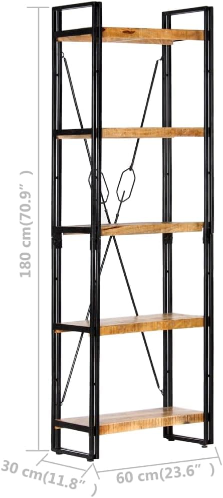 vidaXL Five-Tier Bookcase in Solid Mango Wood with Industrial Steel Frame | 23.6