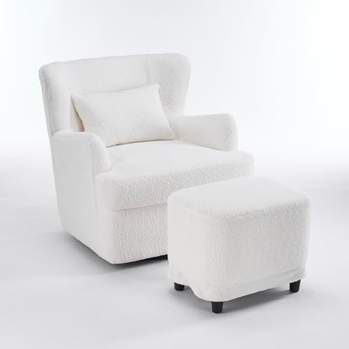 Swivel Accent Chair with Ottoman, 360° Swivel Barrel Chair with Footrest, Modern Teddy Velvet Lounge Armchair, Comfort Single Sofa Chair with Lounge Seat for Bedroom, Office, Living Room, Beige