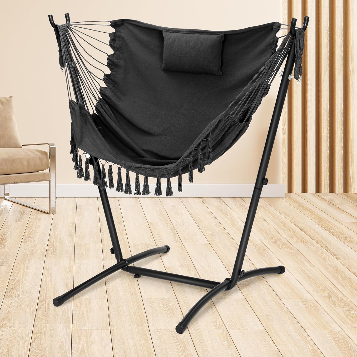 Hammock Chair with Stand, Heavy-Duty Swing Chair for Indoor & Outdoor Use, Height Adjustable Hanging Chair, Weather-Resistant Powder Coated Steel, Max Load Capacity of 350lbs