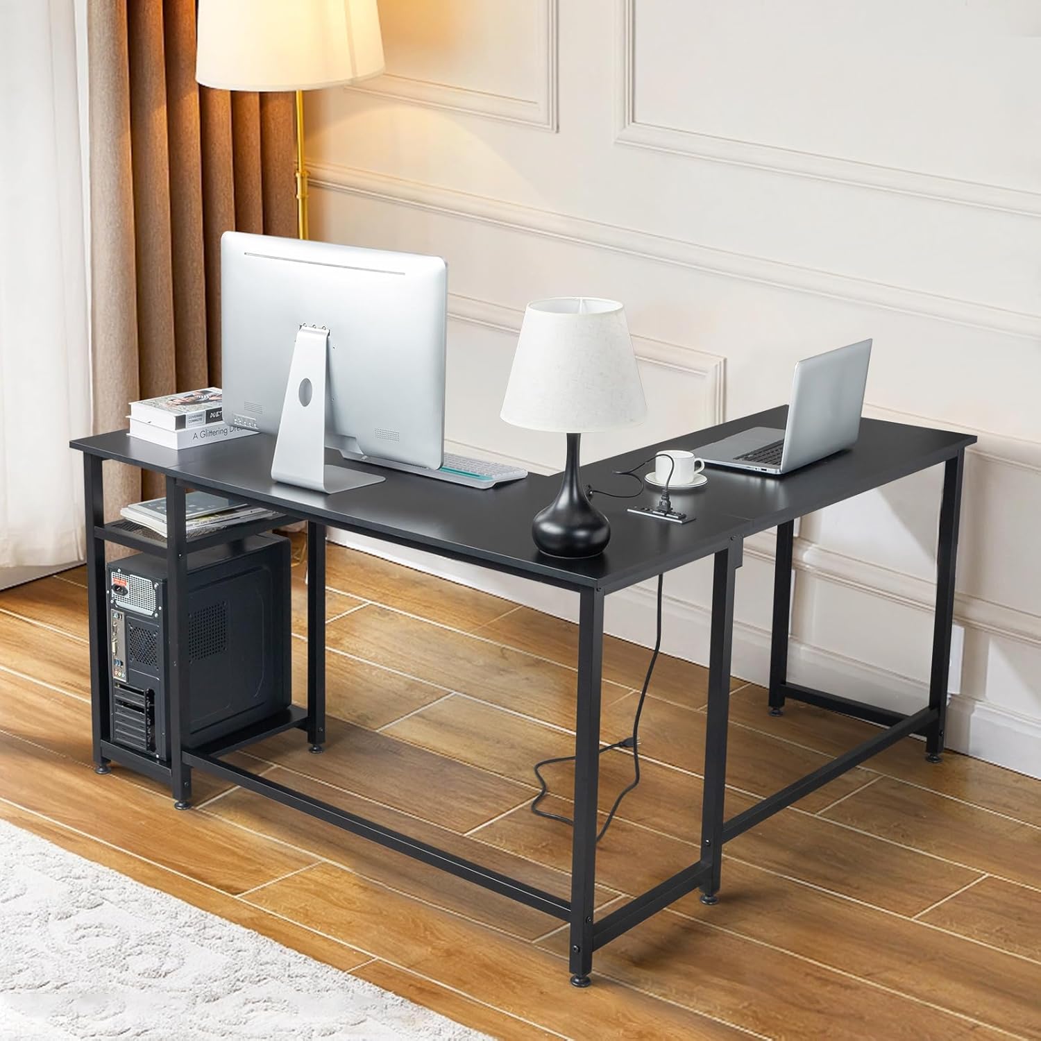 Tiger Black L-Shaped Desk Power Outlets & Shelf Large Computer Workspace Modern Home Office Furniture Elegant Design