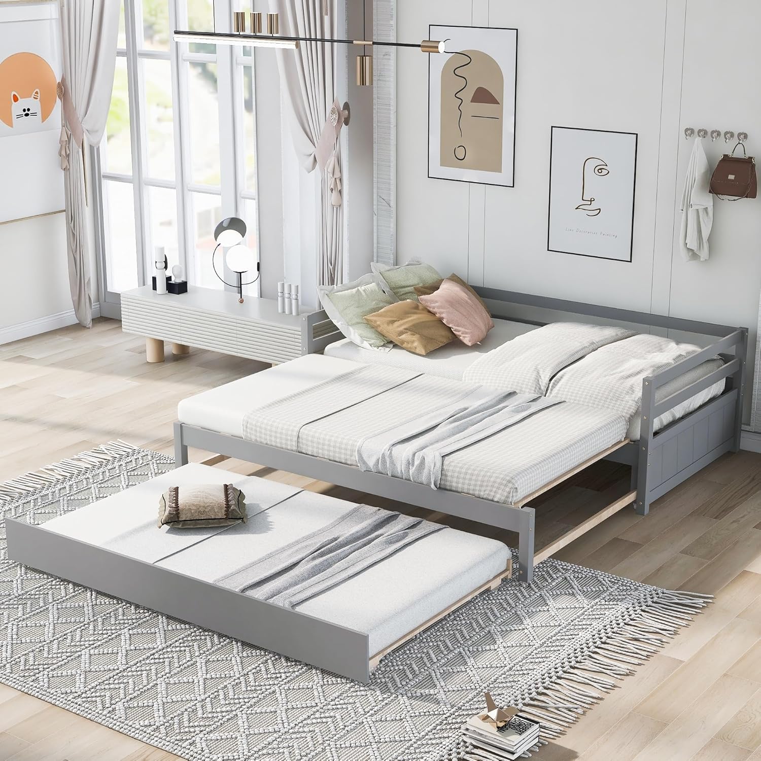 Convertible Twin Or Double Daybed with Trundle Grey Modern Contemporary Wood Assembled