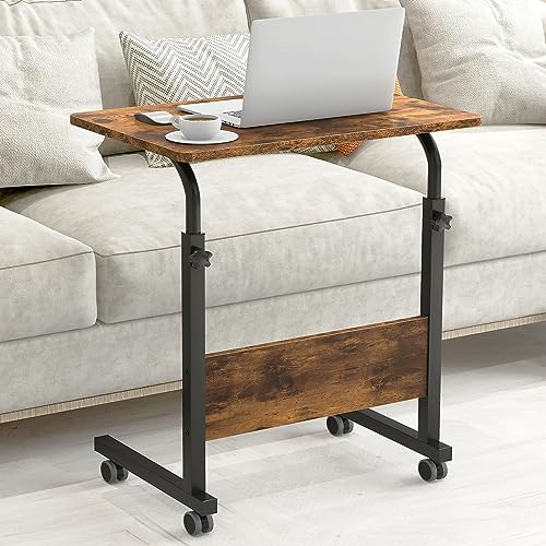 SogesGame Side Table, 23.6in Adjustable Laptop Stand Portable Cart Tray Bedside Computer Table, Sofa Side Bed Table with Wheels(White)