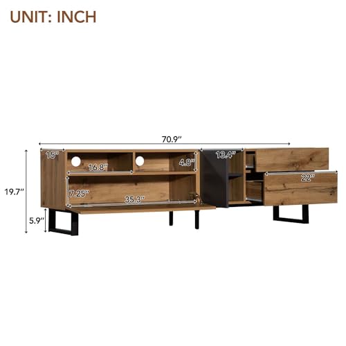 Modern TV Stand for 80 Inch TV with Double Storage Space, Wooden Entertainment Center with Open Shelves, TV Media Console Table with Drop Down Door for Living Room (Black)