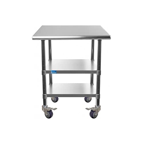 Stainless Steel Work Table with 2 Shelves with Casters | Metal Utility Table | Commercial & Residential NSF Utility Table (Stainless Steel Table with 2 Shelves, 24