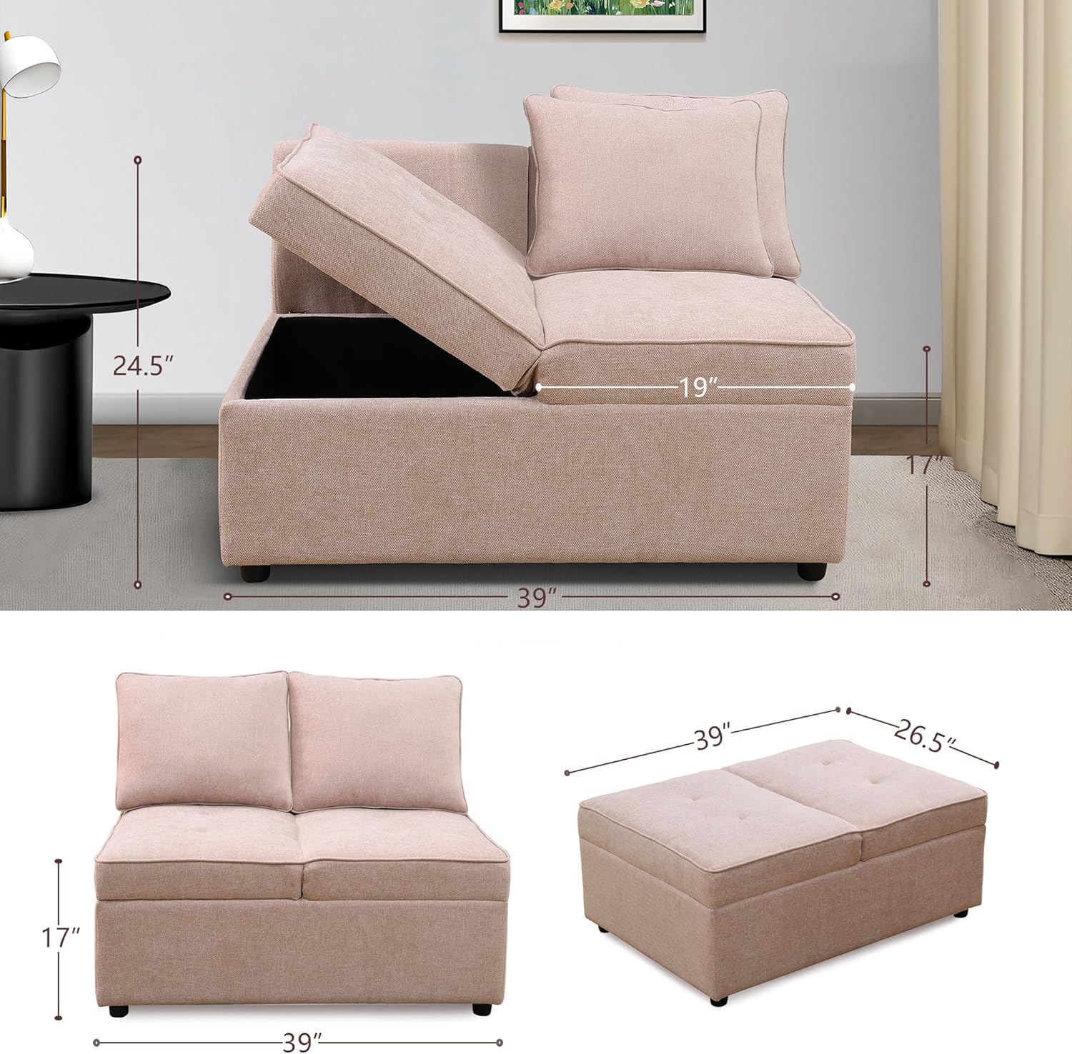 Folding Sofa Bed with Storage Ottoman for Living Room Bedroom, Standard Size, Pink Sackcloth Living Room Adjustable Wedge