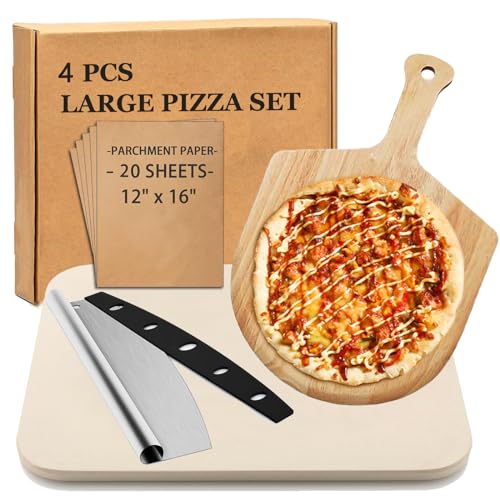 4 PCS Large Pizza Stone Set - Rectangle Pizza Stone For Oven And Grill, Wood Pizza Peel(OAK), Pizza Steel Cutter & 20pcs Cooking Paper, 15