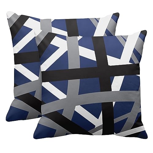 Emvency Set of 2 Throw Pillow Cover Blue Black Stripes Grey White Design Retro Decorative Pillow Case Striped Home Decor Square 16x16 Inch Cushion Pillowcase