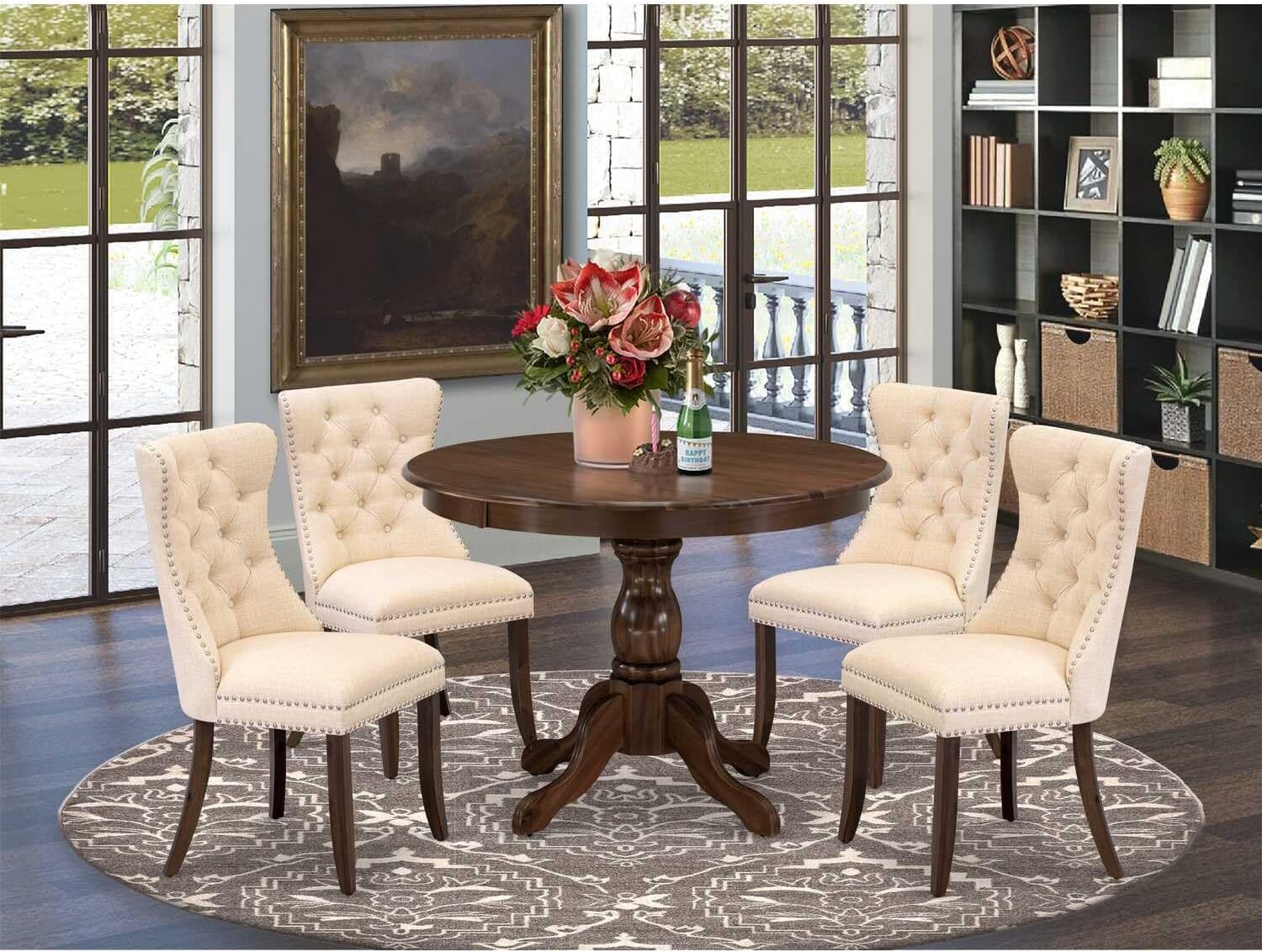 5 Piece Dinette Set Contains A Round Kitchen Dining Table and 4 Upholstered Chairs, Lakeside Living Walnut