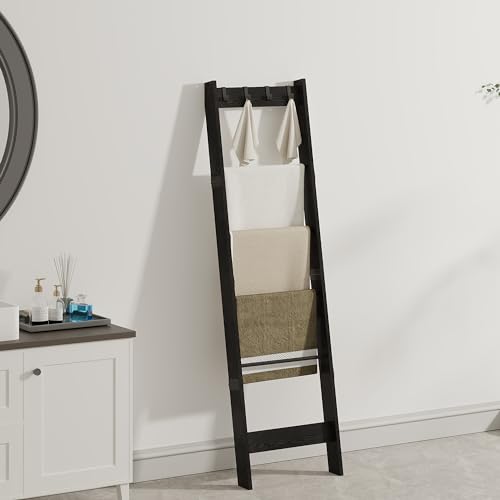 6 Tier Blanket Ladder Shelf for Living Room and Bedroom, Ladder Holder with 4 Metal Hooks, 5.2ft Blanket Quilt Holder Rack, Farmhouse Ladder Rack for Storage and Home Decor, Rustic Brown