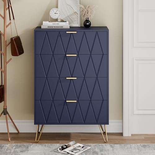 Grooved Pattern 4 Drawer Dresser,Modern Chest of Drawers with Gold Handles,Navy Blue Dresser for Bedroom,Living Room,Entryway