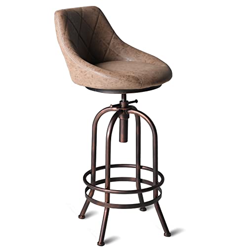 Industrial Bar Stool with Leather Backrest 26-32inch Height Adjustable Rustic Swivel Office Chairs Vintage Pub Stools for Kitchen Island Dining Room Living Room