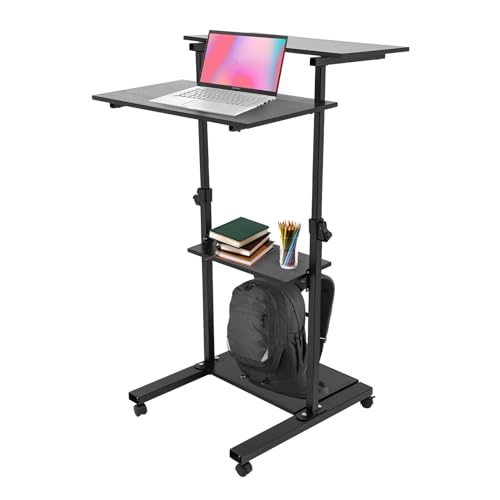 Mobile Standing Desk with Lockable Wheels, Height Adjustable Rolling Stand Up Desk Laptop Cart with 4 Countertops Workstation for Office, Home (Black)