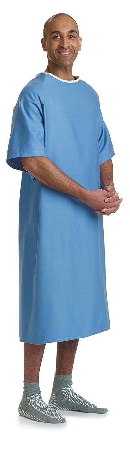 Medline 100% Cotton Hyperbaric Patient Gown, Side Ties, Blue with White Collar, Comfortable and Durable Hospital Wear, Pack of 12