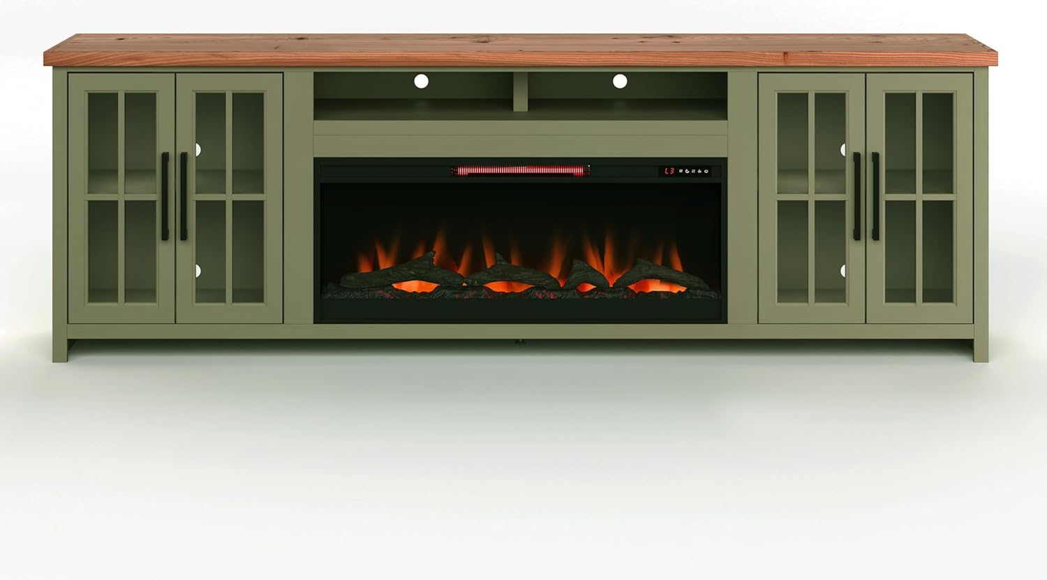 Bridgevine Home Vineyard 97 inch Fireplace TV Stand Console for TVs up to 100 inches, Minimal Assembly, Sage Green and Fruitwood Finish