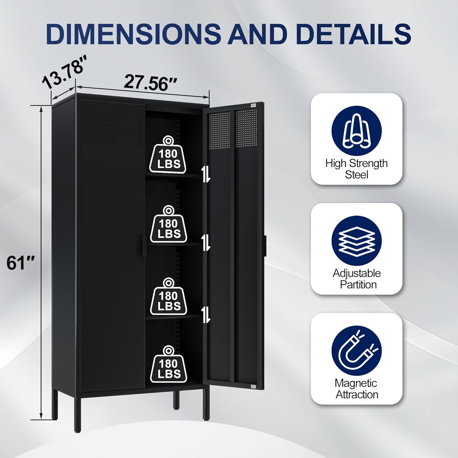 Metal Storage Cabinets Locker with Adjustable Shelves，Black Metal File Cabinet, 61'' Steel Storage Wardrobe for Home & Office, School, Storage Cabinet with Adjustable Shelves, Black