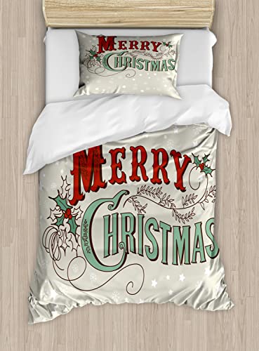 Ambesonne Christmas Duvet Cover Set, Wooden Rustic Log Cottage Scenery in The Winter Season Warm Moonlight, Decorative 3 Piece Bedding Set with 2 Pillow Shams, Queen Size, White Blue