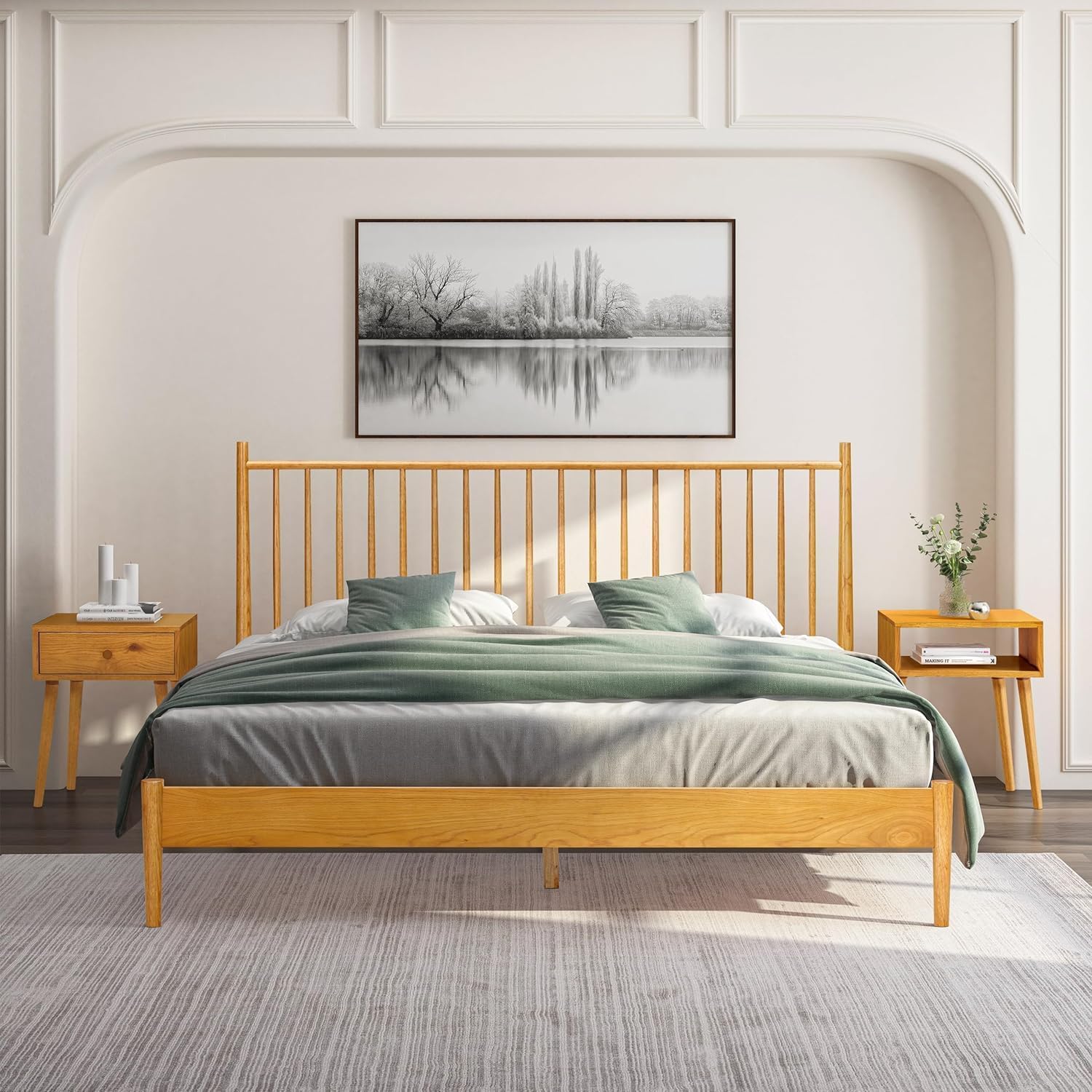 NTC Bundle Inno Queen Solid Wood Bed Frame with Headboard and Solid Oak Lux Nightstand with Drawer - Rustic Oak