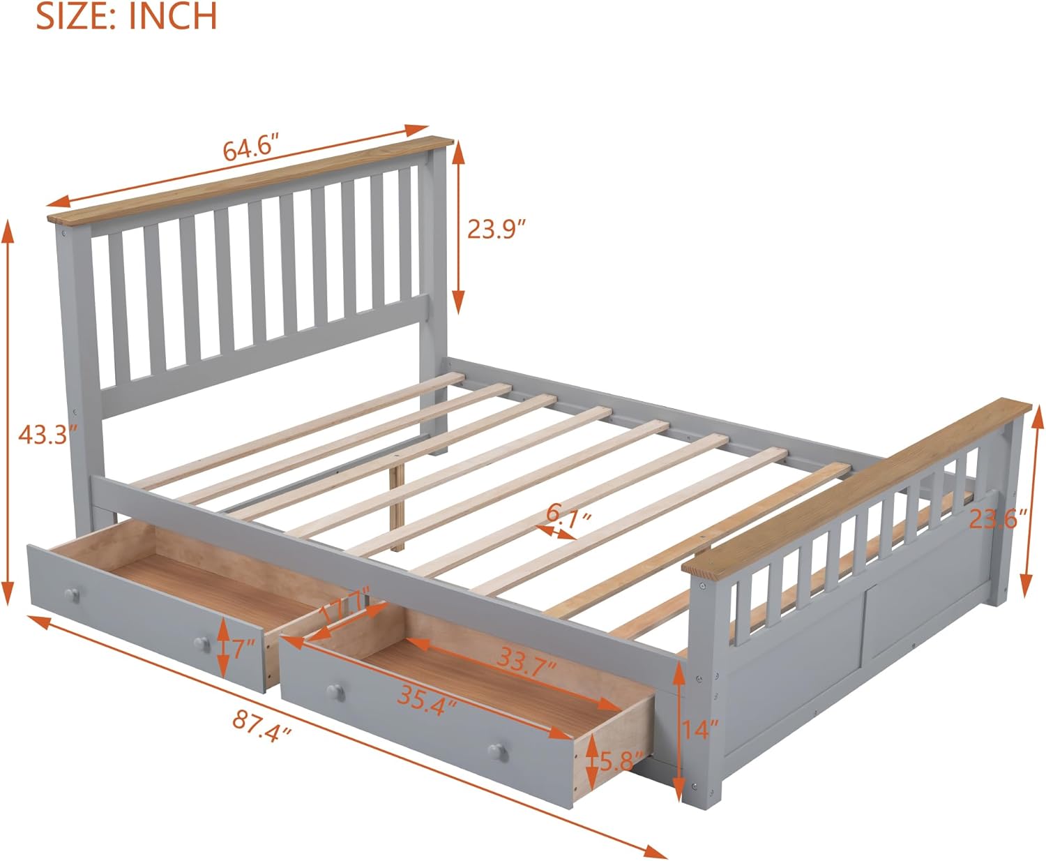 Queen Bed Frame with 2 Storage Drawers Wood Platform Bed with Headboard and Footboard Panel Beds with Slats for Boys, Girls, Kids, Teens, Gray with Natural