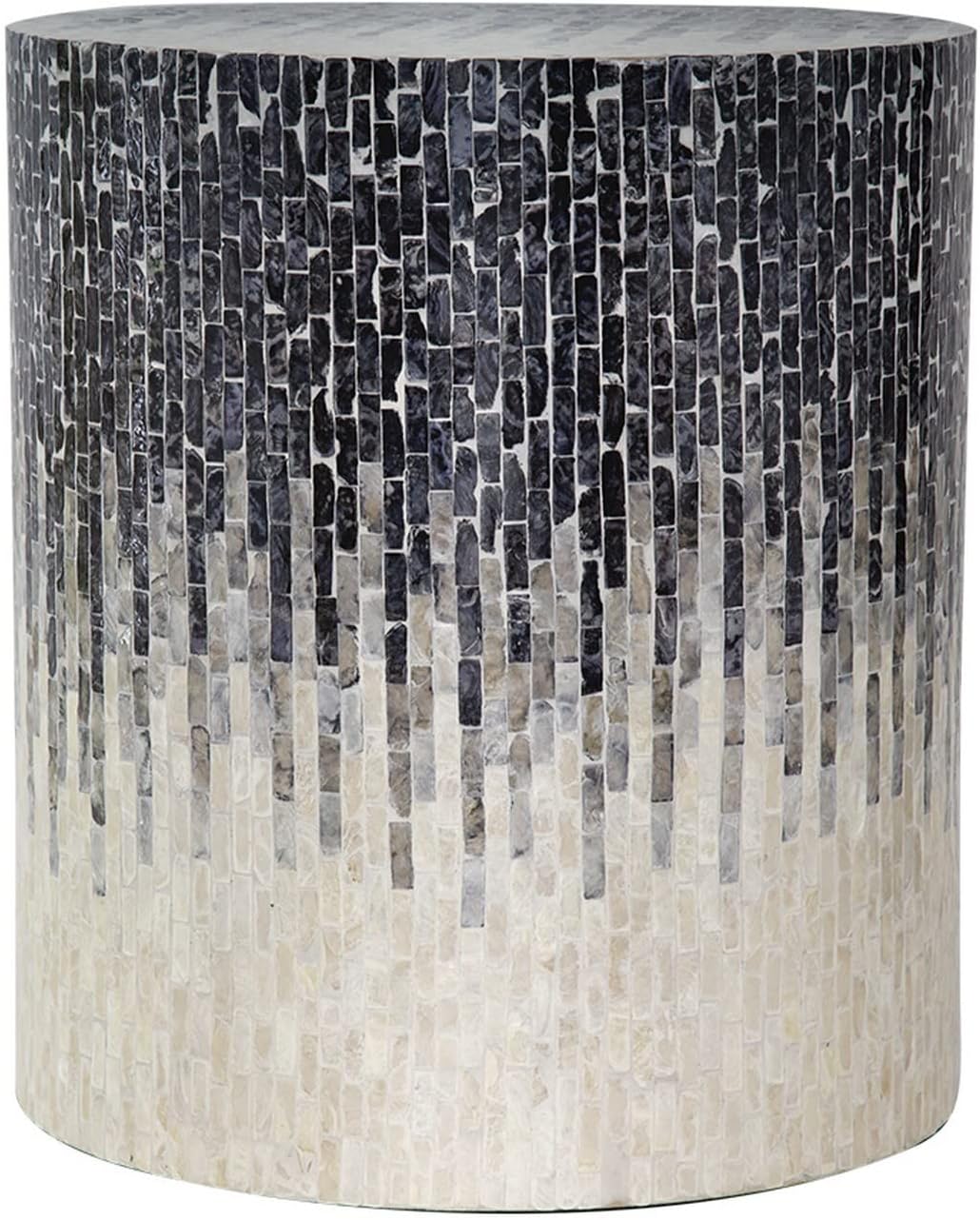 Benjara 18 Inch Capiz Accent Stool Table, Cylindrical Mosaic, Off White, Black