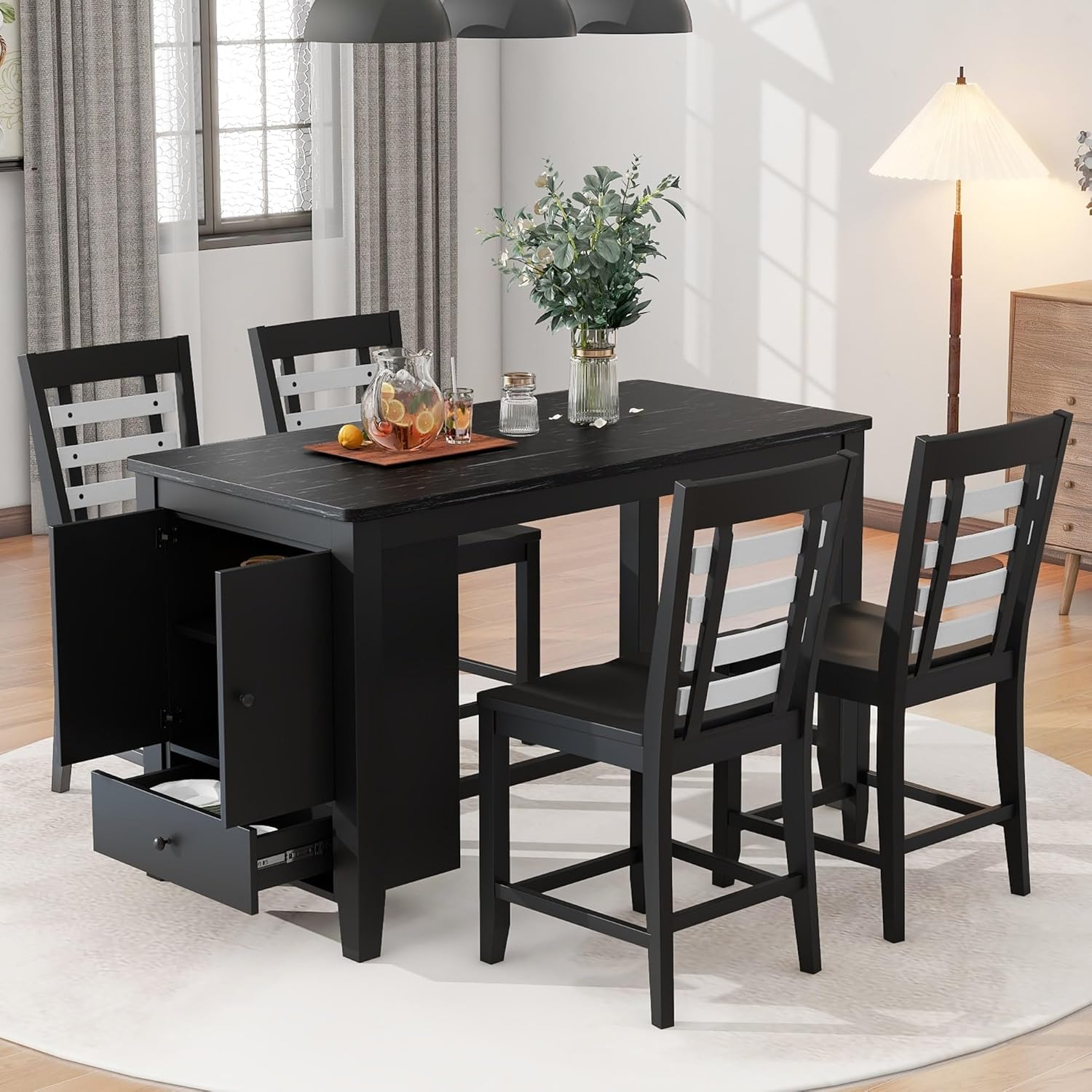 Counter Height 5-Piece Dining Table Set with Marble Tabletop Solid Wood Storage Cabinet and Drawer Black Finish