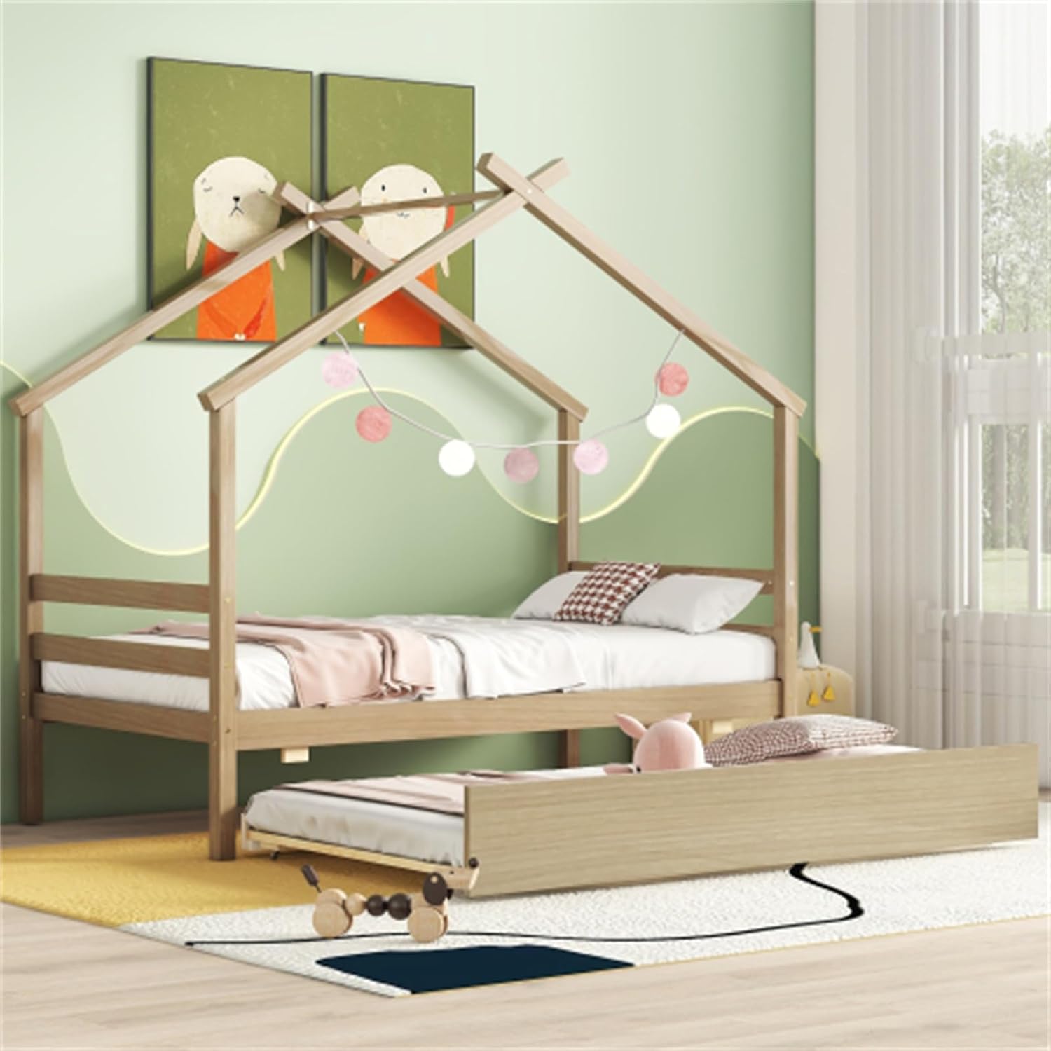 Modern wooden double deck special double house shaped bed with trundle, natural color