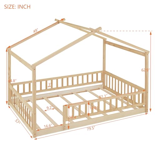 Merax Full Size Wooden House Bed with Two Drawers, Wood Bed Frame with Roof for Kids, Teens, Boys or Girls, Natural