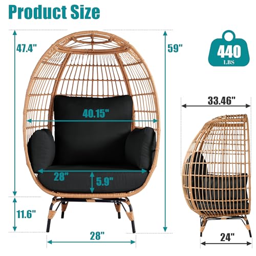 Outdoor Egg Chair, PE Wicker Chair with 4 Thicken Cushions, Patio Chairs 440 lbs Capacity, Oversized Balcony Chairs with Durable Steel Frame Perfect for Balcony, Backyard, Bedroom-Dark Black