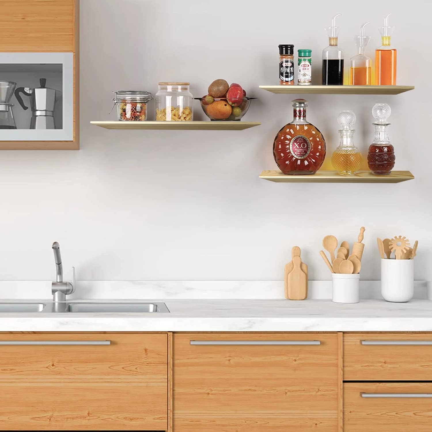 Floating Shelves, Solid Pine Wood Floating Shelf, Wall Mounted Natural Wood Storage Shelf Display Ledge for Laundry, Kitchen, Bath, Dorm, Set of 3