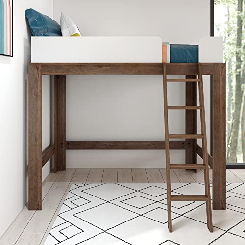 Max & Lily Bunk Bed, Mid-Century Modern Twin Bunk Bed, Solid Wood Twin-Over-Twin Bed Frame for Kids, No Box Spring Needed, Walnut/White